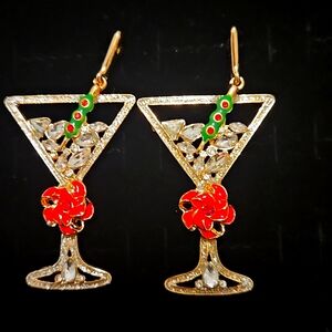 Gold Martini Glass Earrings with Red and Green Accents